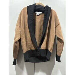 Dark Academia Lambswool Shawl Collar Cardigan Camel & Black L Sweater 2 Button